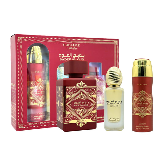 SET LATTAFA BADEE AL OUD SUBLIME UNISEX ( 3 PC) 3.4 OZ EDP / 6.8 OZ PERFUME SPY / 1.7 OZ HAIRMIST
